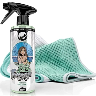 Afbeelding van Nuke Guys Was en onderhoudsset: See Through, glasreiniger 500 ml + 2 microvezel wafeldoeken mint voor streepvrije glasreiniging verwijdert vuil moeiteloos binnen buiten