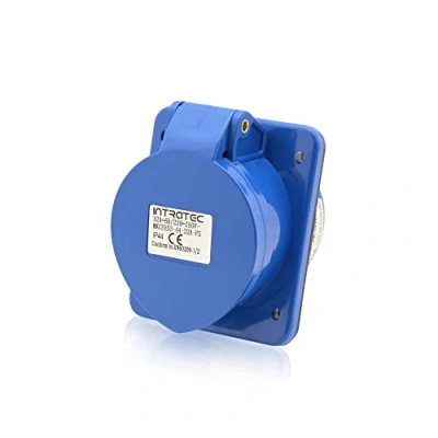 Afbeelding van Intratec CEE sterke stroom inbouwstopcontact schuin, 32 A, 3 polig, industriële stekker voor binnen en buiten, voedingsstopcontact IP44, 230 V, SB, RoHS, Reach, blauw/grijs