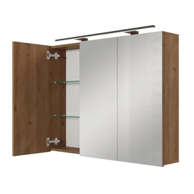 Afbeelding van Planetmöbel ARIA spiegelkast voor badkamer met verlichting, 100 cm breed, hangende badkamerkast spiegel, goudkleurig eiken, lamp en stopcontact, gastentoilet, x 70 16