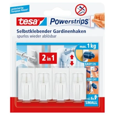 Afbeelding van tesa Powerstrips gordijnhaken, zelfklevend, wit, 12 haken