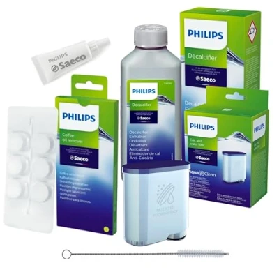 Afbeelding van Philips AquaClean Complete verzorgingsset voor koffieautomaten (bevat waterfilter CA6903), ontkalker 250 ml, smeervet HD5061, koffievetoplosser CA6704/10 (6 tabletten), reinigingsborstel Seltino