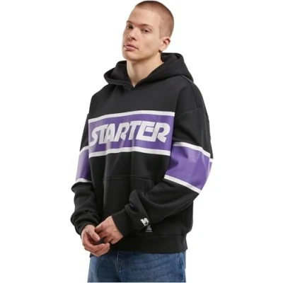 Afbeelding van Starter Across Stripe hoodie voor heren, casual mannen, starterscriptie, losse pasvorm, zwart/paars, L
