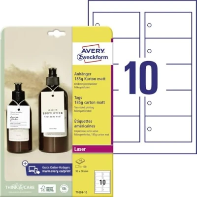 Afbeelding van Avery Zweckform T1001 10 Labels 90 x 50 mm Karton Wit 100 stuk(s) Niet hechtend Laser (kleur), (zwart/wit)