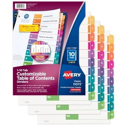Afbeelding van Avery 10 tabbladen voor 3 ringmappen, personaliseerbare inhoudsopgave, kleurrijke registers, sets (11072)