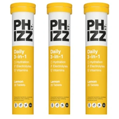 Afbeelding van Phizz Elektrolyten, multivitamine en hydratatie, bruistabletten, 60 tabletten, 18 vitaminen mineralen, vitamine C, voeg toe aan je waterfles, veganistisch, vegetarisch caloriearm (citroen)
