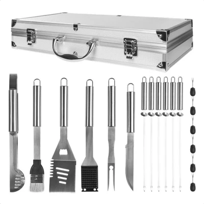 Afbeelding van Cheqo® BBQ Gereedschapset Barbecue Accessoires Luxe Uitvoering 19 Delige Set RVS en Aluminium Opbergkoffer 3 in 1 Spatel Vaderdagcadeau Barbecuegerei