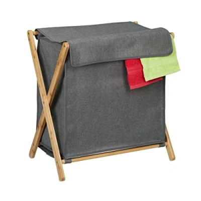 Afbeelding van Relaxdays wasmand inklapbaar met deksel 60 liter bamboe stof wasgoed mand