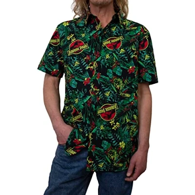 Afbeelding van Jurassic Park Heren patroon button down shirt, Zwarte tropische Raptor, XL, XL