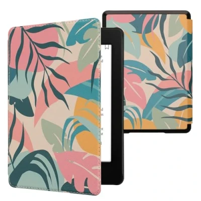 Afbeelding van kwmobile E reader hoesje geschikt voor Amazon Kindle Paperwhite 11. Generation 2021 hoes flip case met magnetische sluiting Ereader cover Tropische jungle design in poederroze / geel groen