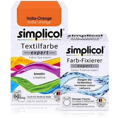 Afbeelding van simplicol textielverf expert India oranje + fixeermiddel: textiel, wol, zijde verven, set 1x150g en 1x90ml
