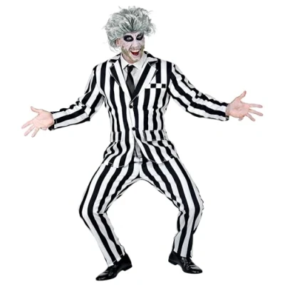 Afbeelding van Widmann Horror Films Kostuum Streepjes Beetlejuice Spook Man Zwart / Wit XL Halloween Verkleedkleding