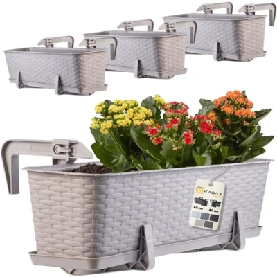 Afbeelding van KADAX Bloembakset, balkonbakset van kunststof, plantenbak voor bloemen en kruiden, duurzame balkonpot, balkon, 60 cm, set 4, karamel