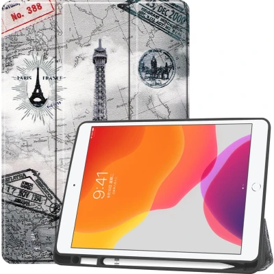 Afbeelding van Tablet Hoes geschikt voor iPad 2021 / 2020 2019 met Apple Pencil Houder &amp; Auto Sleep/Wake functie Tri Fold book Case 10.2 inch Eiffeltoren