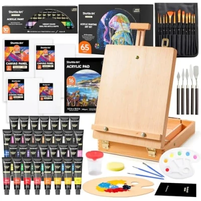 Afbeelding van Shuttle Art Set van 65 acrylverf met houten tafelblad schilderdoos, gemengde mediakunstenaar 30 kleuren acrylverf, blanco canvas, kwasten, professionele schilderset voor volwassenen, tieners