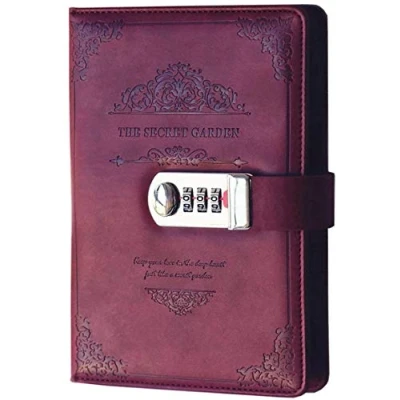 Afbeelding van LHKJ Vintage PU lederen dagboek met cijferslot, wachtwoord, notitieblok, planner, organizer (rood)