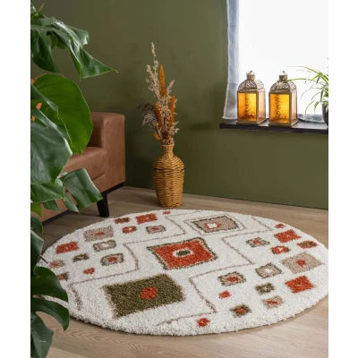 Afbeelding van Rond Hoogpolig Tapijt/Vloerkleed Bohemian Artisan Wit/multi 120 Cm