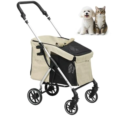 Afbeelding van PawHut Hundewagen Hundebuggy klappbar für Hunde &amp; Katzen bis 10 kg Katzenbuggy mit Kissen Netzfenstern Türen Aufbewahrungskorb Katzenwagen Buggy Khaki