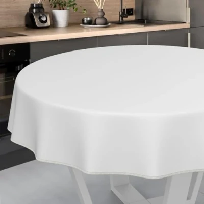 Afbeelding van Wasdoek tafelkleed, afwasbaar tafelzeil, tuintafelkleed voor binnen en buiten, rond, 100 cm, met zoom, wit
