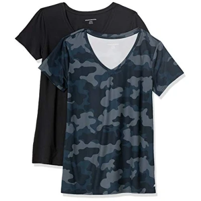 Afbeelding van Amazon Essentials Dames Tech Stretch T shirt met korte mouwen en V hals (verkrijgbaar in grote maten), 2 Pack, Marineblauw Camo/Zwart, S