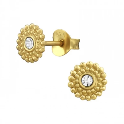 Afbeelding van Oorbellen zilver Oorstekers Gold plated oorstekers, bloemetje met hart van kristal