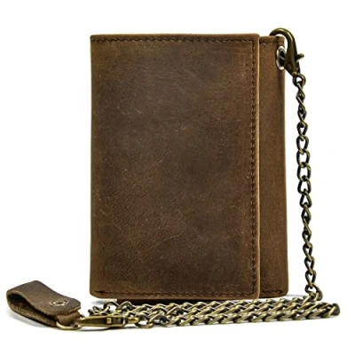 Afbeelding van Herenportemonnee, lederen portemonnee met ketting, drievoudige vouw, herenportemonnee muntvak, ritssluiting, portemonnee, 9 kaartvakken, 6006 bruin, Klassiek