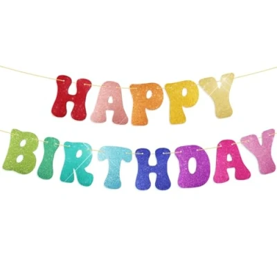Afbeelding van Slinger met opschrift &quot;Happy Birthday&quot;, verjaardagsdecoratie, Happy Birthday banner, decoratie voor thuis, feest, verjaardag (meerkleurige glitter)