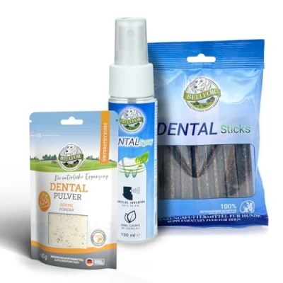 Afbeelding van Bellfor Natuurlijke tandverzorging tegen tandsteen, eenvoudig gebruik en dosering, uitstekende verteerbaarheid, geschikt voor alle hondenrassen, voordeelset, (poeder, sticks 1 x 100 g, spray))