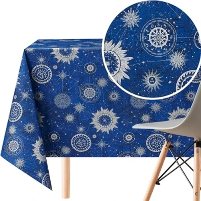 Afbeelding van KP HOME Waterdicht PVC afveegbaar Tafelkleed Rechthoekig 118x55in 300x140cm Astro Zilver Vinyl Rechthoek Eettafel Plastic in Blauw