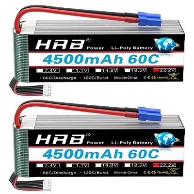 Afbeelding van HRB 6S lipo accu, 22,2 V, 4500 mAh, 60 C, accu met EC5 stekker, klasse A+ voor RC auto, vliegtuig, buggy, helikopter, vrachtwagen, hobby, verpakking van 2 stuks