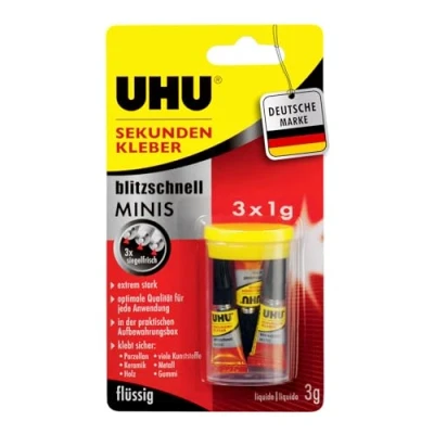 Afbeelding van UHU Sekundenkleber blitzschnell Minis, Extrem starker, flüssiger 3 Minis in einer praktischen Aufbewahrungsbox, Optimale Qualität bei jeder Anwendung, x 1 g