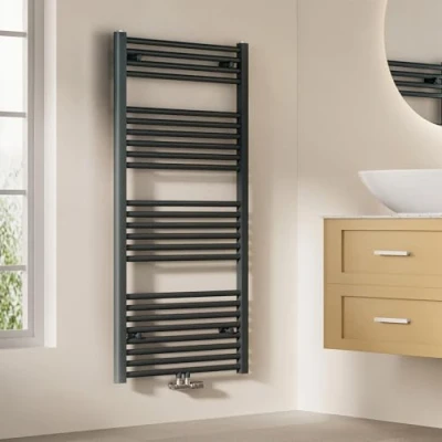 Afbeelding van EMKE badkamerradiator 120 x 60 cm, handdoekradiator centrale aansluiting handdoekhouder handdoekverwarmer handdoekdroger handdoek radiator badkamer handdoekverwarming antraciet 598W