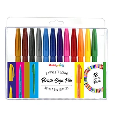 Afbeelding van Pentel SES15 12 Brush Sign Pen, Basic sortering, vezelpen, penseelachtige punt, stuks, op kleur gesorteerd