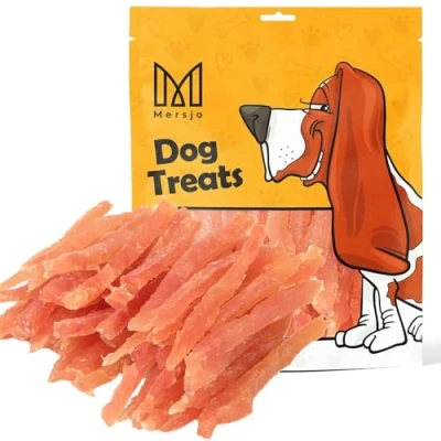 Afbeelding van MERSJO Hondensnack 88% Hoog Vleesgehalte, Geen Toevoegingen, Graan en Suikervrij, Gezonde Hondentraktatie, Natuurlijk Kauwplezier, Zachte Kipreepjes, 500g