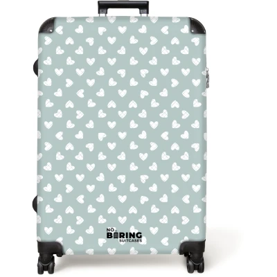 Afbeelding van NoBoringSuitcases.com® Koffer groot Reiskoffer lichtgewicht Grijsgroene achtergrond met witte hartjes Rolkoffer 4 wielen Grote trolley XL 98 liter bagage