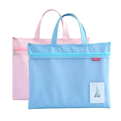 Afbeelding van A4 Documententas Zak met Rits, Set van 2 Draagtas Nylon Mesh Tas Waterdichte Dubbele Rits Kleine Etiketten Student Kantoorbenodigdheden Reistas (Blauw Roze)