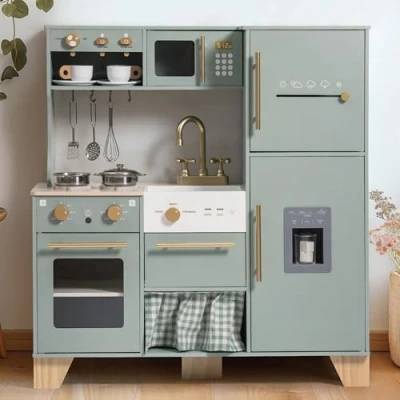 Afbeelding van ROBUD houten speelkeuken voor kinderen peuters, hoek met koelkast, ijsmachine, koffiezetapparaat, sapcentrifuge, oven, vaatwasser, magnetron, gebruiksvoorwerpen, cadeau