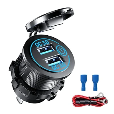 Afbeelding van GUNGY USB stopcontact voor auto, 12 V, snel opladen, QC 3.0, dubbele USB, waterdicht, met led display en touch schakelaar V/24 motorfiets, camper, boot, blauw