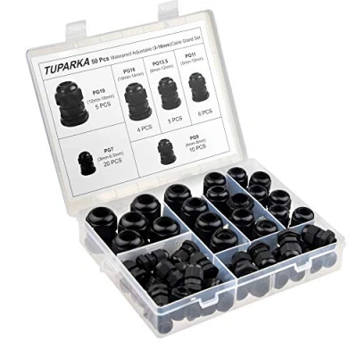 Afbeelding van TUPARKA 50 stuks kabelschroefverbindingen, waterdichte, instelbare 3 16 mm kabelaansluitingen PG7 PG9 PG11 PG13,5 PG16 PG19 kunststof kabelschroefverbindingen met afdichtingen in PP doos