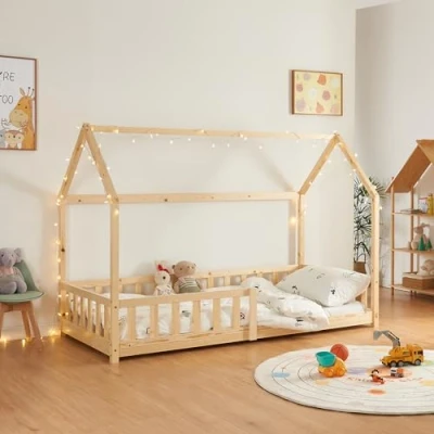 Afbeelding van Kinderbed Hesel huisbed met uitvalbeveiliging 90x200 cm houtkleurig [en.casa]