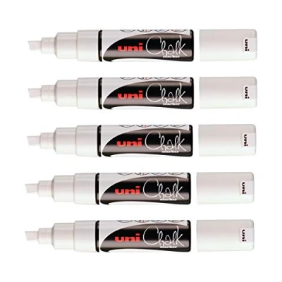 Afbeelding van Uni Ball Mitsubishi Pencil Marqueurs Craie Chalk Marker PWE 8K Multi Usage Résistant à la Pluie Idéal Vitre Miroir Tableau Ardoise Brede Beitelpunt 8 mm Lot de 5 Blanc
