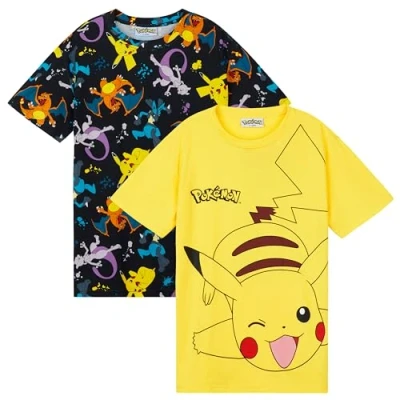 Afbeelding van Pokemon T shirt voor kinderen, met ronde hals, verpakking van 2 stuks, Pikachu geschenken, zwart/geel, 11 12 Jaar