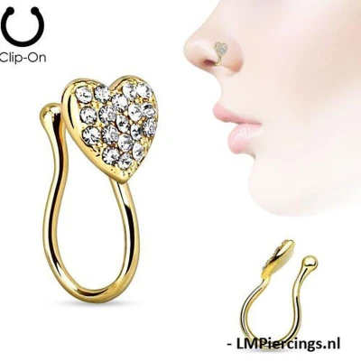 Afbeelding van FAKE neuspiercing gemmed hartje gold plated