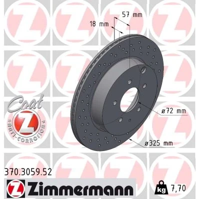 Afbeelding van ZIMMERMANN Remschijf SPORT COAT Z 325mm 18mm 7/5 5 gat 114mm interne ventilatie, Geperforeerd Gecoat 370.3059.52 L23226251B,L23226251C,TD1126251