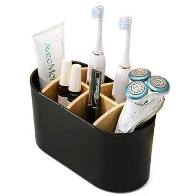 Afbeelding van tandenborstelhouder met bamboe scheidingswanden voor badkamer, antislip basis, tandenborstelorganizer 4 tandenborstelvakken + 2 tandpastavakken keuken, woonkamer,