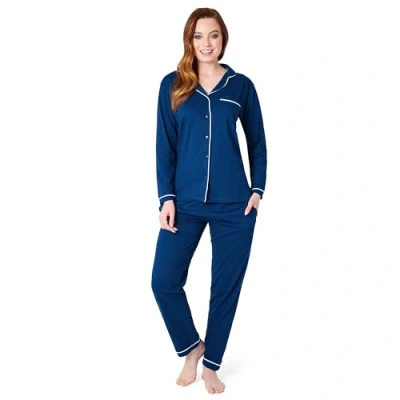 Afbeelding van Damespyjama set klassieke nachtkleding met lange mouwen en broek, pyjama&#039;s, gezellige katoenen loungewear S XL cadeaus voor haar, marineblauw, M
