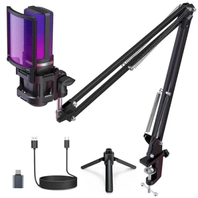 Afbeelding van zealsound RGB Gaming Micro Kit, Microphone USB à condensateur pour PC, Téléphonem,Mac,Portable, Bureau, PS5, avec trépied et Bras (2 Support), Sourdine, Support Anti Choc, Streaming Podcast ASMR