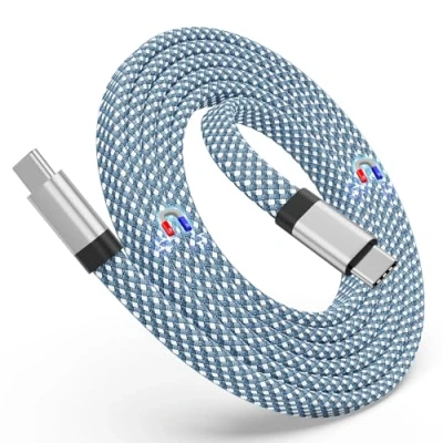 Afbeelding van Magtame USB C kabel, magnetische naar 60 W (3A), 1,5 m spiraalkabel, C, plat nylon gevlochten type snellaadkabel, compatibel met apparaat voor iPad Samsung Galaxy,
