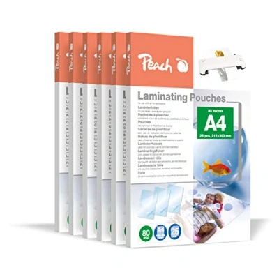 Afbeelding van Peach Lamineerfolie A4 80 mic 600 pouches Premium kwaliteit voor de beste lamineerresultaten compatibel met apparaten van alle merken glanzend PP580 60A