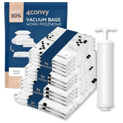 Afbeelding van 4CONVY Stofzuiger vacuümzakken, 12 stuks, herbruikbaar, kledingzakken voor kleding, dekbedden, beddengoed, kussens, vacuüm ruimtebesparende kledingzak, met handpomp.