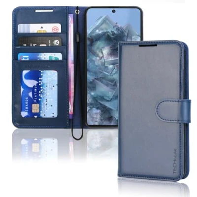 Afbeelding van TECHGEAR Pixel 8 Pro lederen portemonneehoesje, flip beschermhoes met portemonnee kaarthouder, standaard en polsband blauw PU leer magnetische sluiting ontworpen voor Google